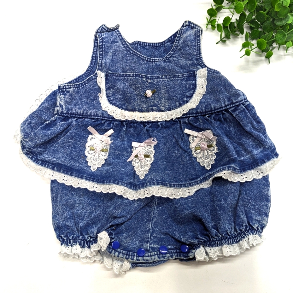 V I N T A G E:: Infant Acid Wash Denim Romper With Ribbon Accents